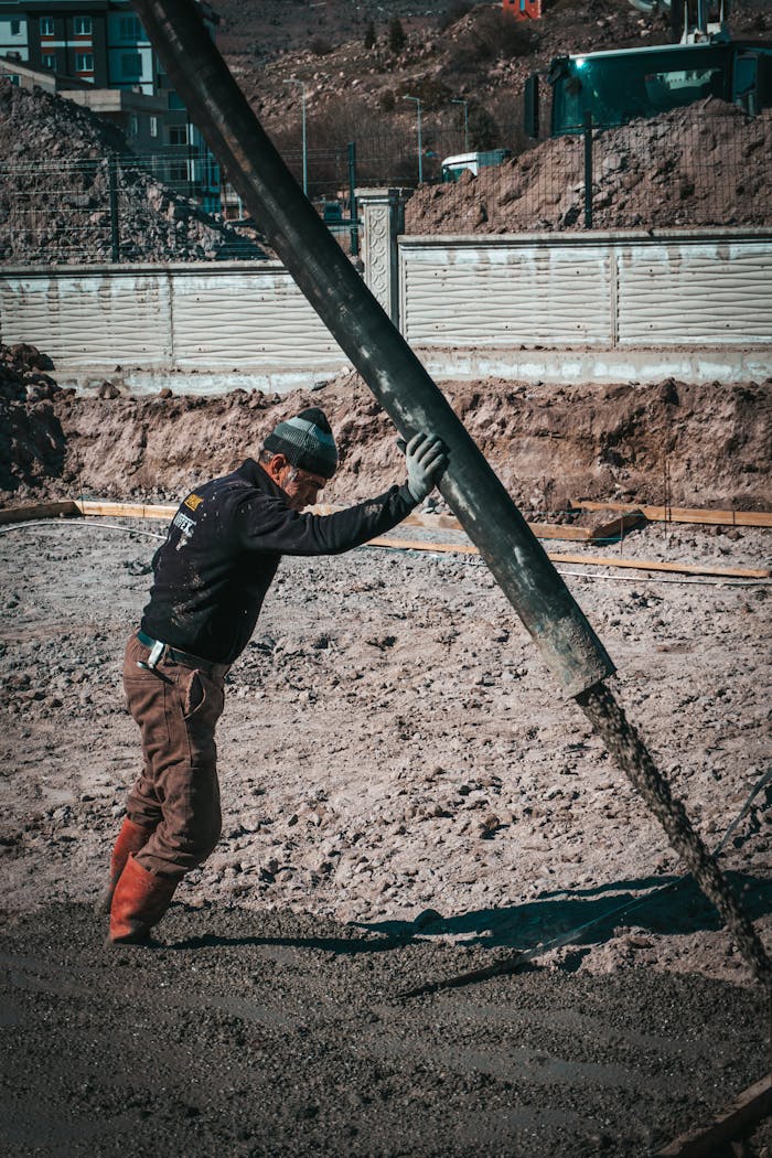 Worker pouring concrete at a construction site in Türkiye, illustrating urban development.